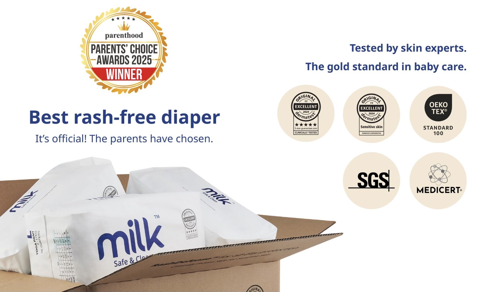 Diaper in boxes showcasing certifications and logos it received