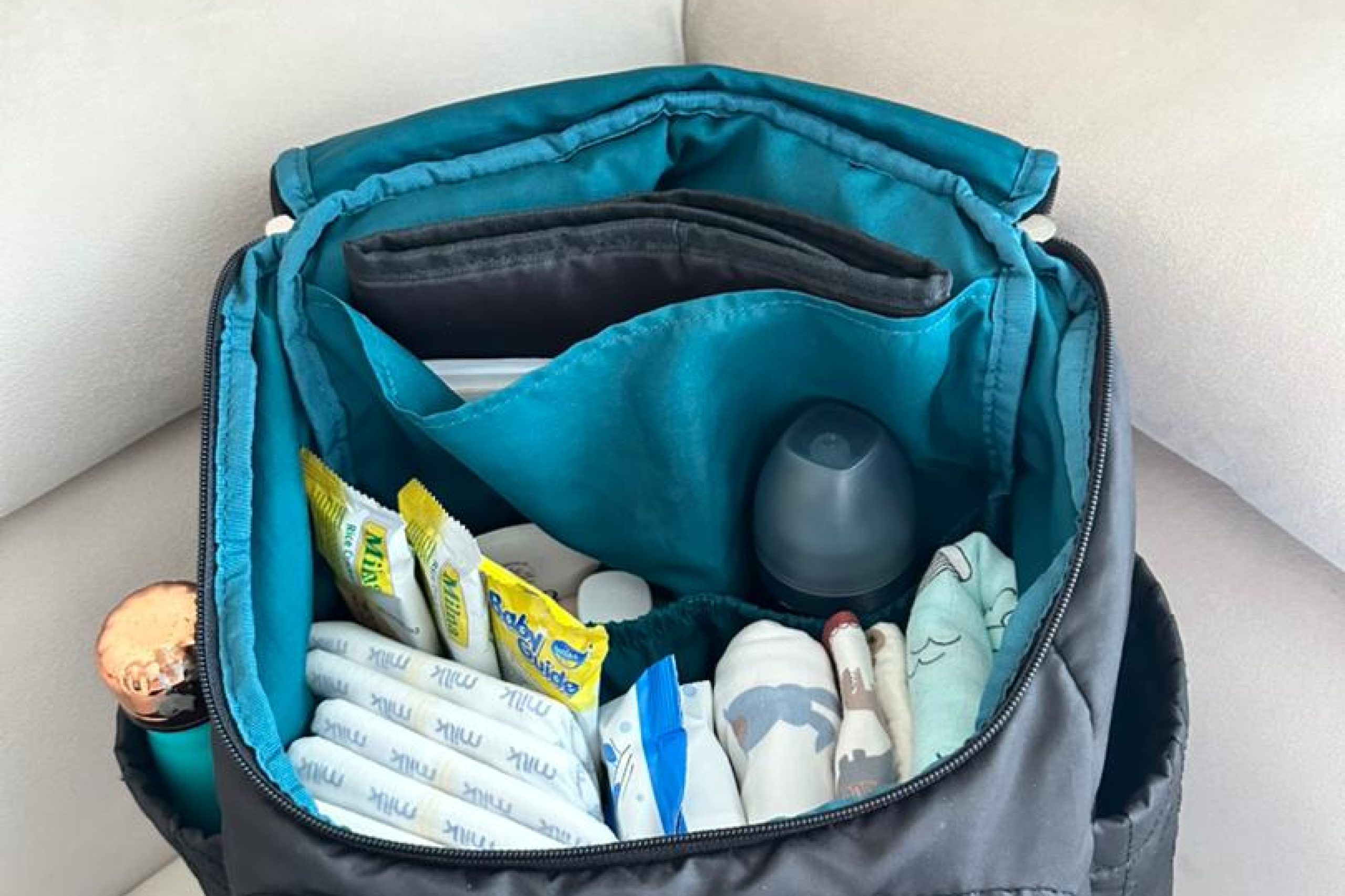 A diaper bag with baby care essentials